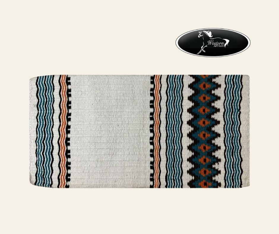 White 100% Wool Saddle Blanket w Teal, Orange &amp; Black