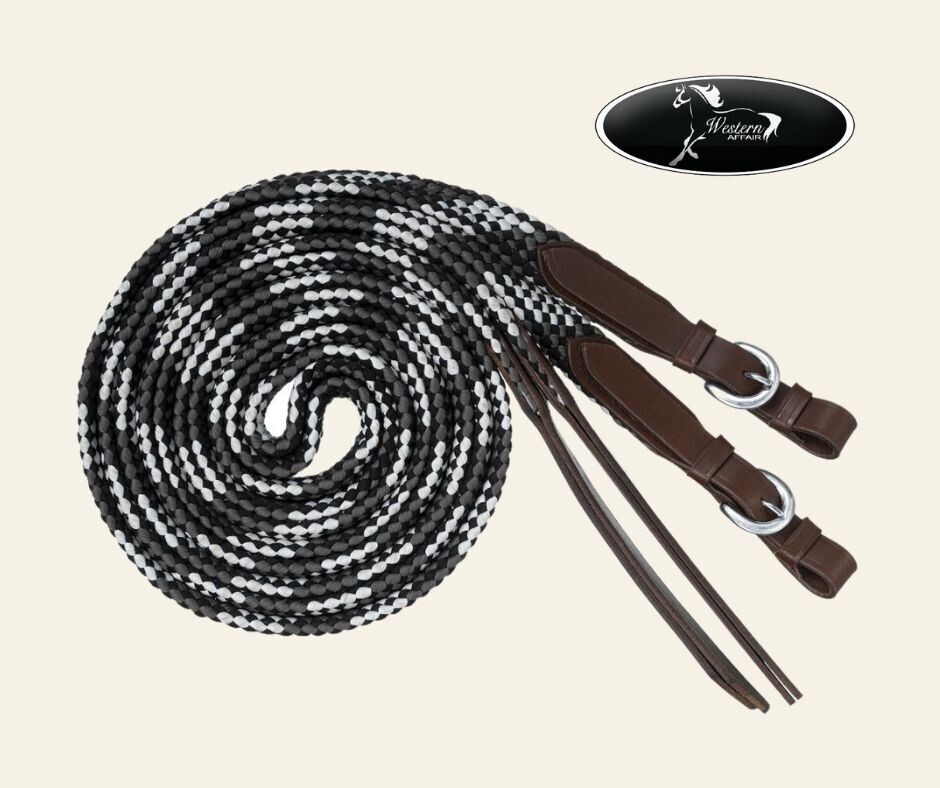 Flat Braided Split Reins, Color: Black/Grey/White