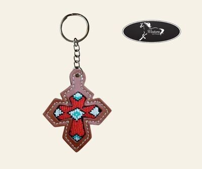 ​Leather Cross Key Chain with Red Beaded Inlay