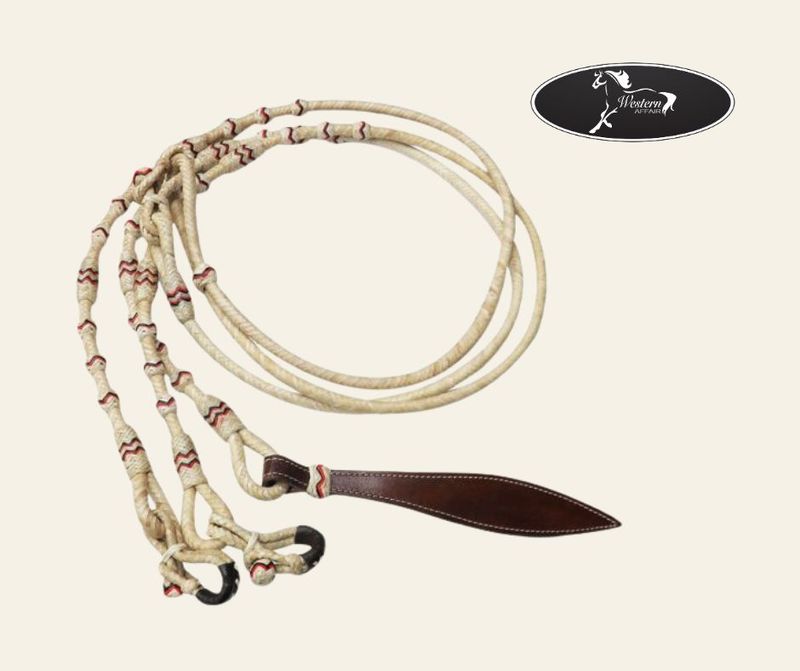 Braided Natural Rawhide Romal Reins with Stitched Leather Popper