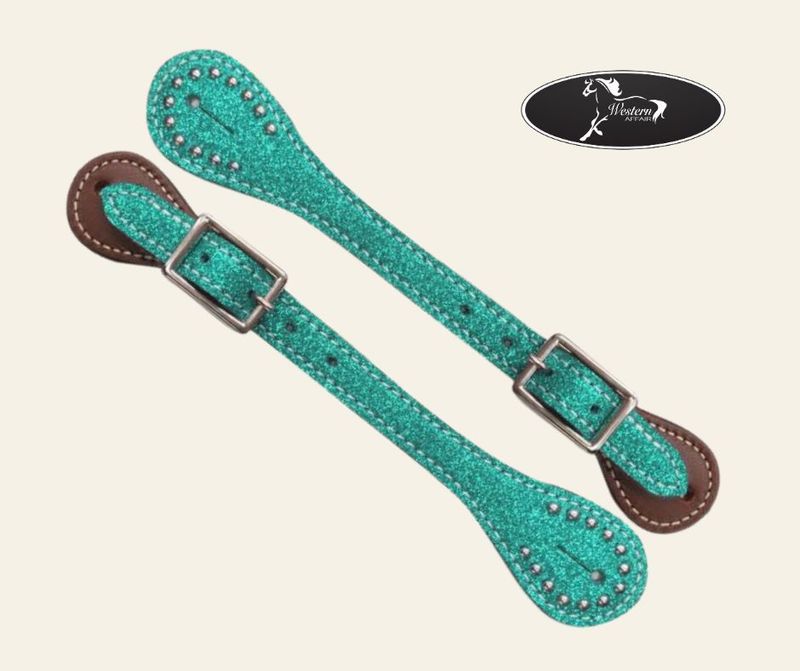 Leather Spur Straps with Colored Glitter Overlay, Color: Teal