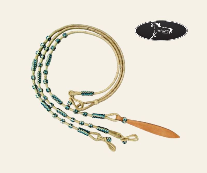 ​Braided Natural Rawhide Romal Reins w Leather Popper &amp; Blue Rawhide Beads