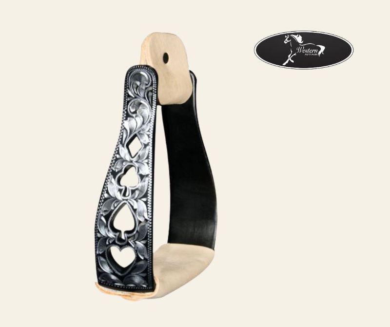 Black Aluminum Stirrups with Silver Engraved &amp; Cut Out Poker Suit Designs