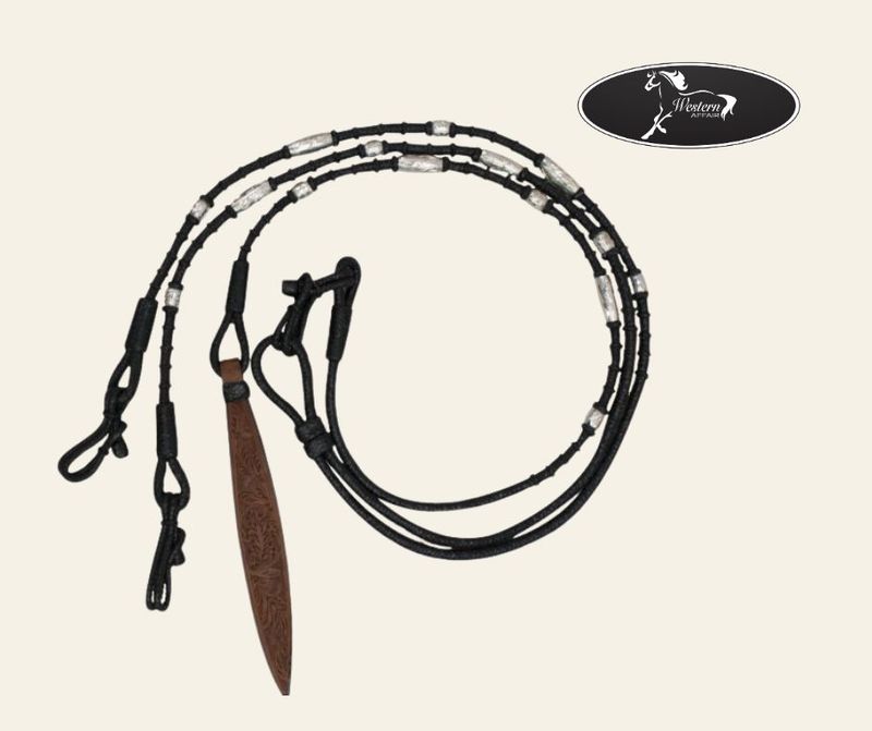 Black Braided Rawhide Romal Reins with Leather Popper &amp; Silver Beads