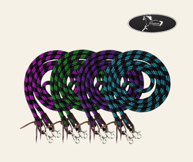 8ft Braided Nylon Stripe Barrel Reins with Scissor Snap Ends