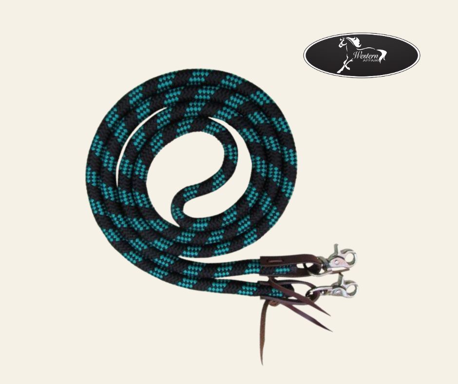 8ft Braided Nylon Stripe Barrel Reins with Scissor Snap Ends, Colour: Teal
