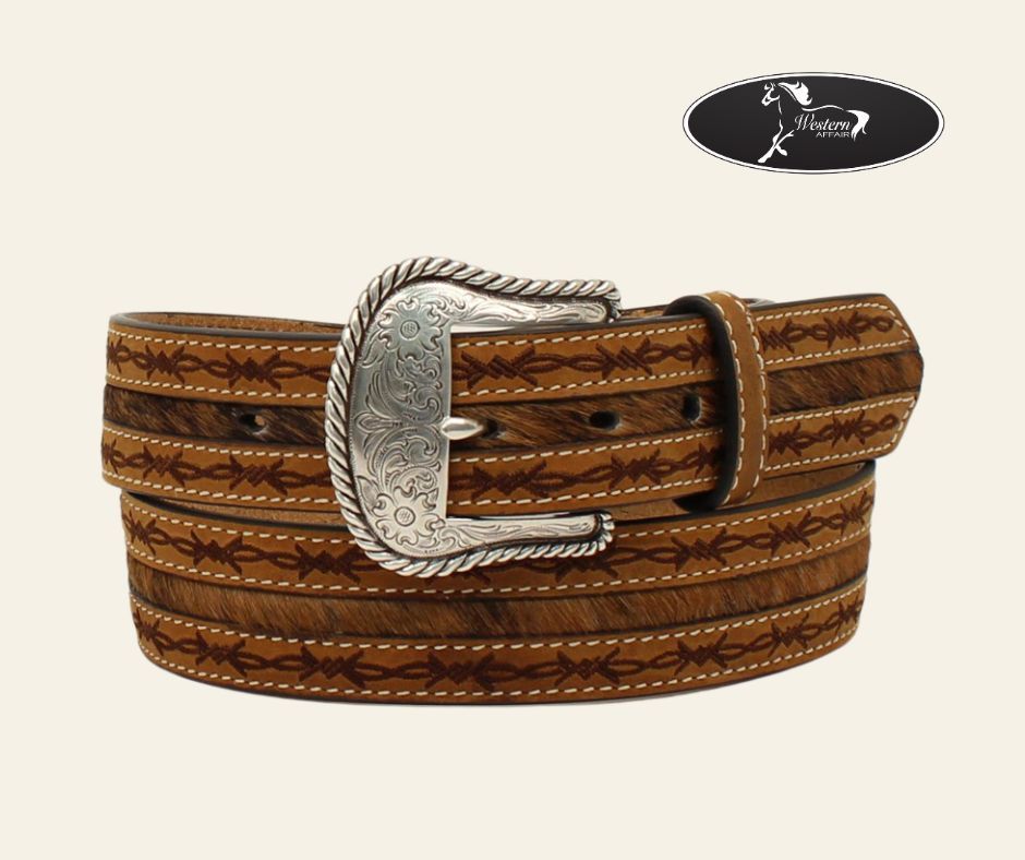 Nocona Men&#39;s Belt with Tooling &amp; Calf Hair, Size: 36