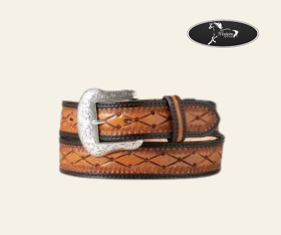 Nocona Men&#39;s Belt - Hand Tooled Diamond 2 Tone Tan, Size: 38