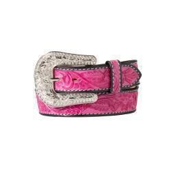 Angel Ranch Ladies Belt Hand Tooled Floral Black &amp; Pink