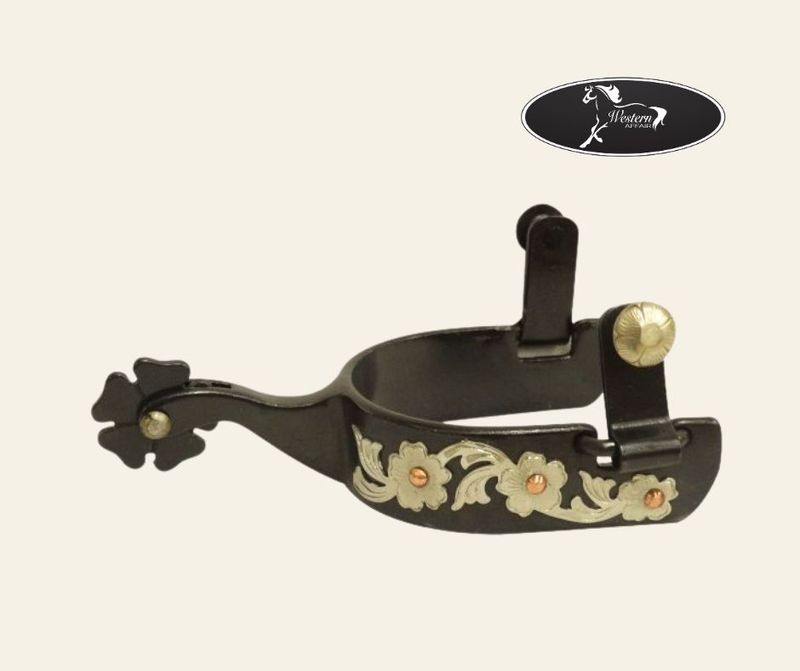 Black Steel Spur w Engraved Silver Overlay &amp; Copper Studs