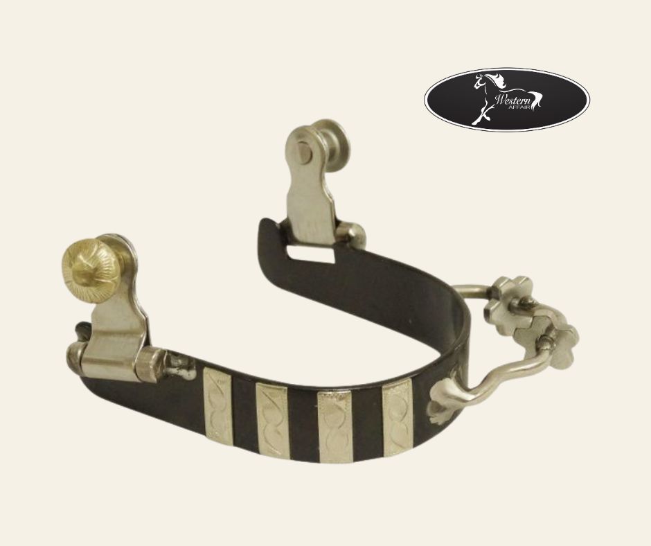 Ladies Black Steel Bumper Spurs with Engraved Silver Bar Overlays