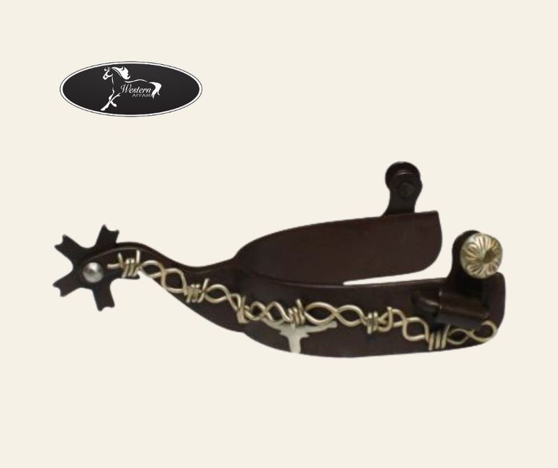 Brown Steel Spur w Barb Wire &amp; Steer Head Design