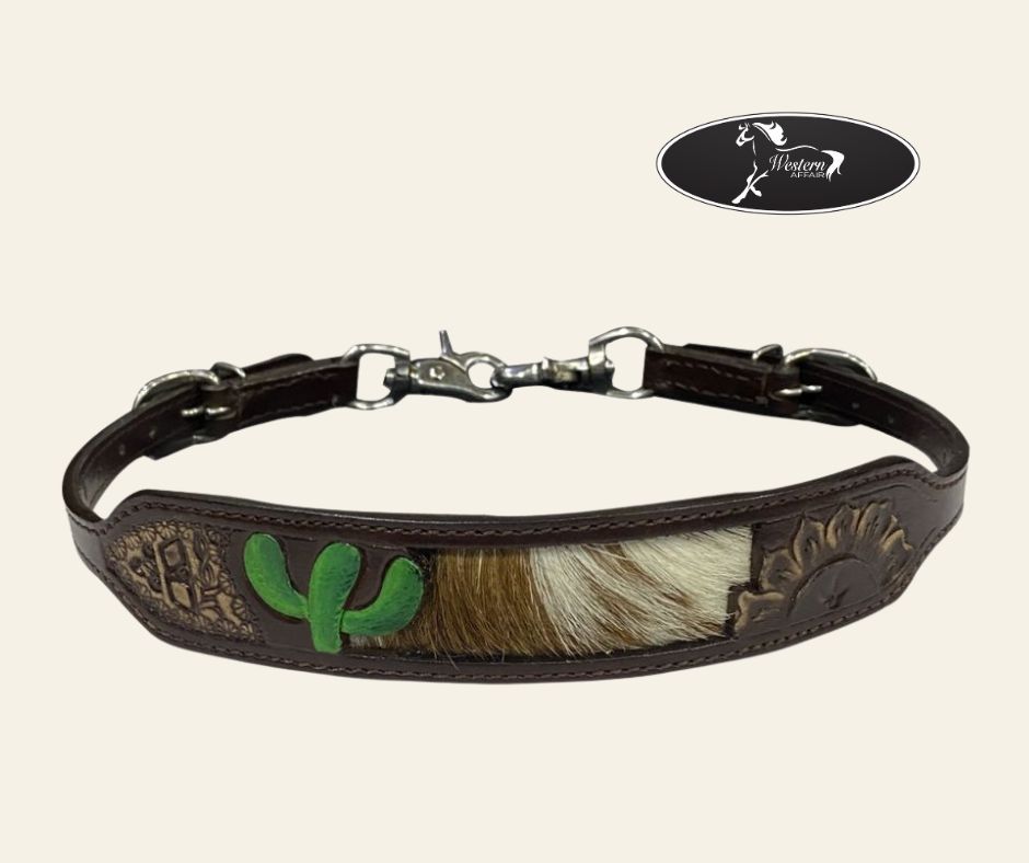 Leather wither strap w cactus and hair on cowhide inlay