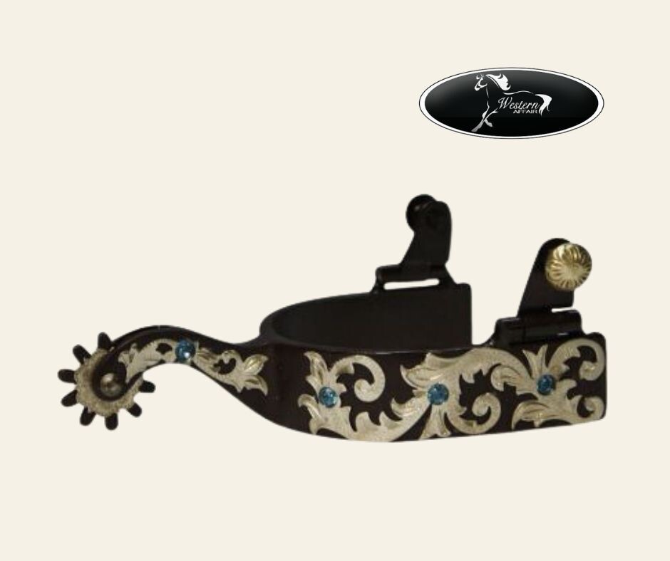 Brown Steel Spur with Silver Scrolling & Rhinestones Brown Steel Spur with Silver Scrolling & Rhinestones, Rhinestone Color: Turquoise