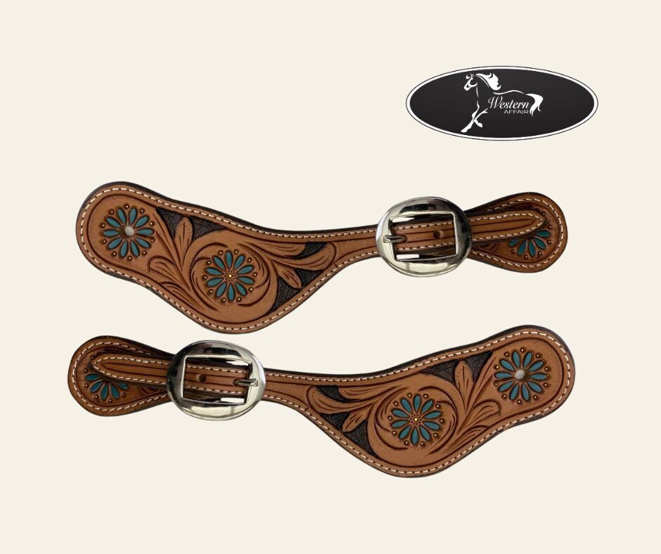 Light Oil Spur Straps with Teal Floral Motif Light Oil Spur Straps with Teal Floral Motif