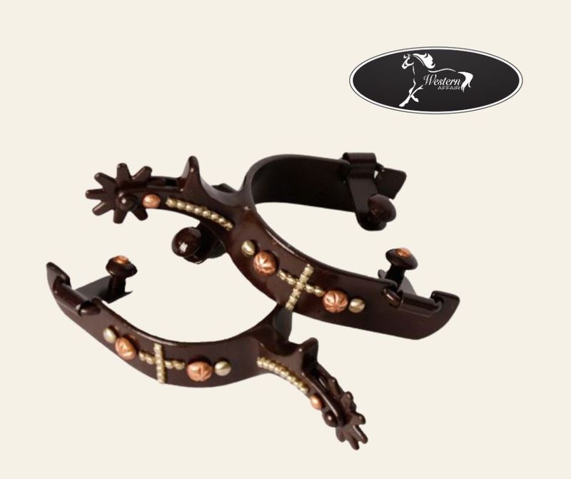 brown steel spur w cross and copper and gold studs