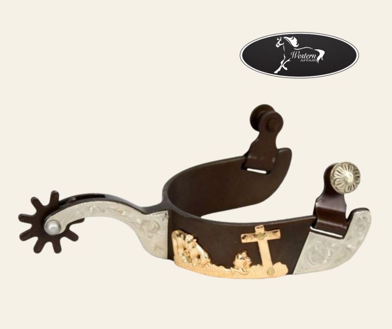 Antique brown silver show spur w gold praying cowboy