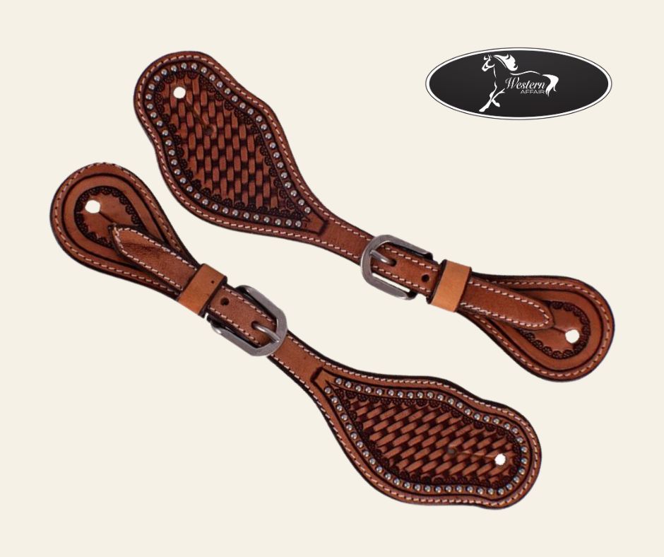 Leather Spur Straps w Basketweave Tooling &amp; Silver Studs
