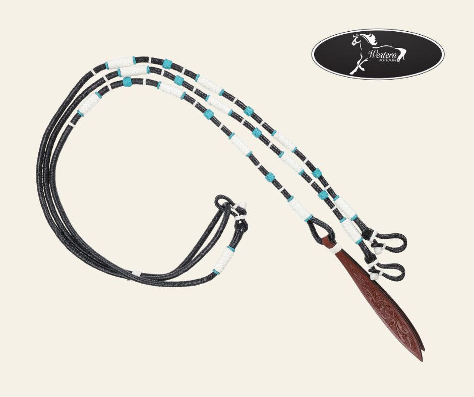 Black, Teal, White Rawhide Romal Reins
