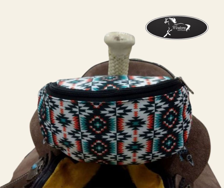 White, Peach &amp; Teal Aztec Saddle Pouch