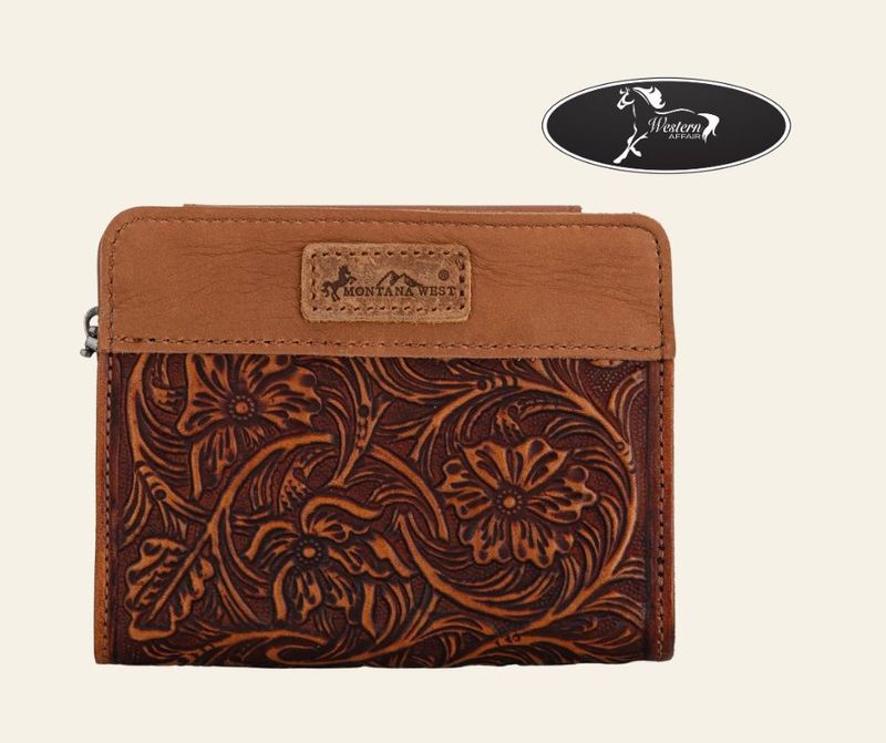 Montana West Genuine Leather Tooled Tri-Fold RFID Wallet