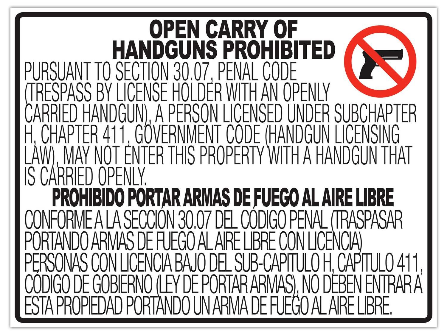 30.07 24x18&quot; Horizontal No Open Carry Signs
