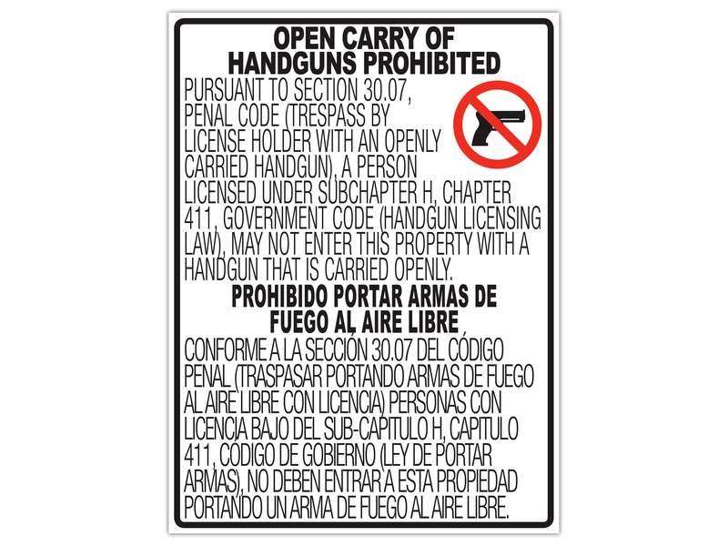 30.07 18x24&quot; Vertical No Open Carry Signs