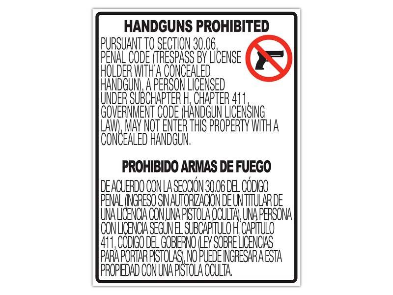 30.06 18x24&quot; Vertical No Concealed Carry Signs