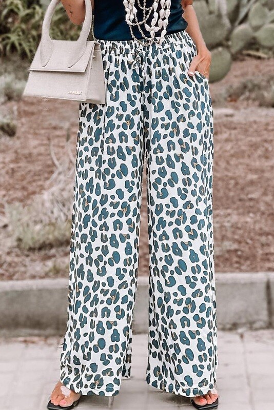 white leopard wide leg pants w pockets