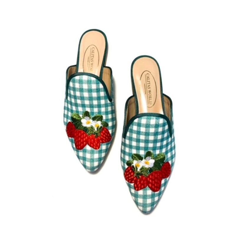 ​MULES GREEN VICHY LINEN, STRAWBERRY