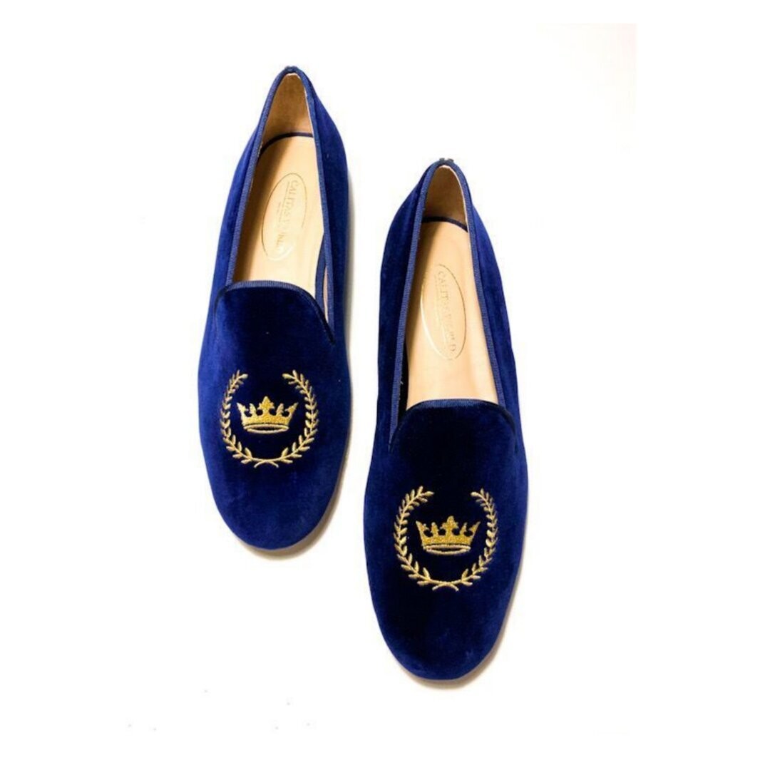 ​LOAFERS MEN BLUE 57TX VELVET, LAUREL WREATH AND ROYAL CROWN