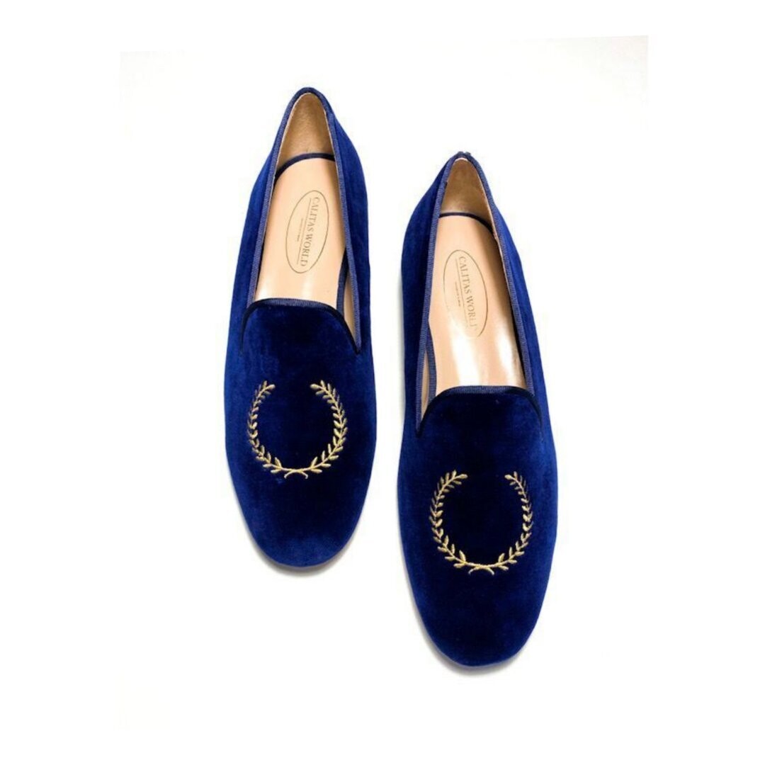 LOAFERS HOMBRE TERCIOPELO AZUL MARINO 9CO R22, CORONA DE LAUREL EN ORO