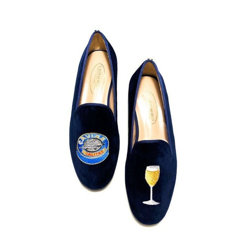 LOAFERS HOMBRE TERCIOPELO AZUL MARINO 9CO  R22, CAVIAR Y COPA DE CHAMPAGNE