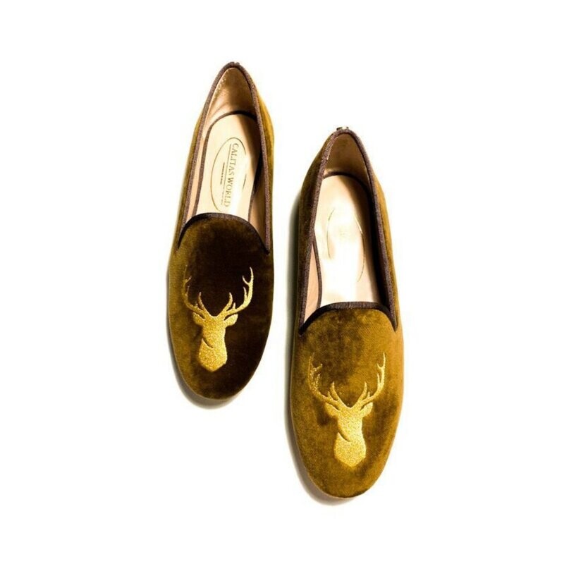 LOAFERS HOMBRE TERCIOPELO MARRÓN CHOCOLATE 16TX, CIERVO EN ORO