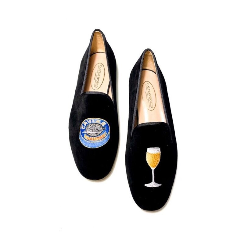 LOAFERS HOMBRE TERCIOPELO NEGRO, CAVIAR Y COPA DE CHAMPAGNE