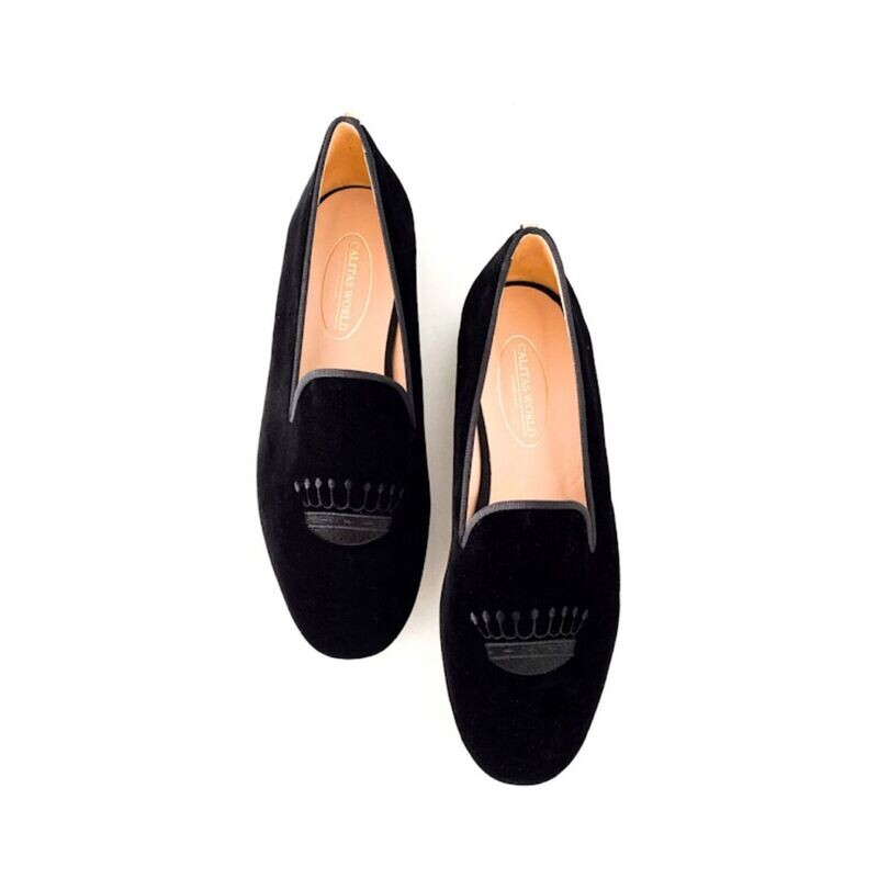 LOAFERS HOMBRE TERCIOPELO NEGRO, CORONA NEGRA