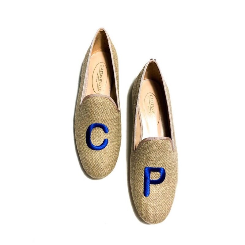 ​LOAFERS NATURAL LINEN, WITH ROYAL BLUE INITIALS (BOLD)