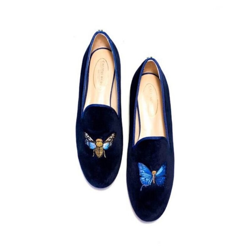 ​LOAFERS NAVY BLUE 9CO VELVET R22, WITH BUTTERFLY AND BUMBLEBEE