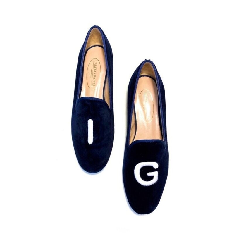 LOAFERS TERCIOPELO AZUL MARINO 9CO R22 , INICIALES EN BLANCO (BOLD)