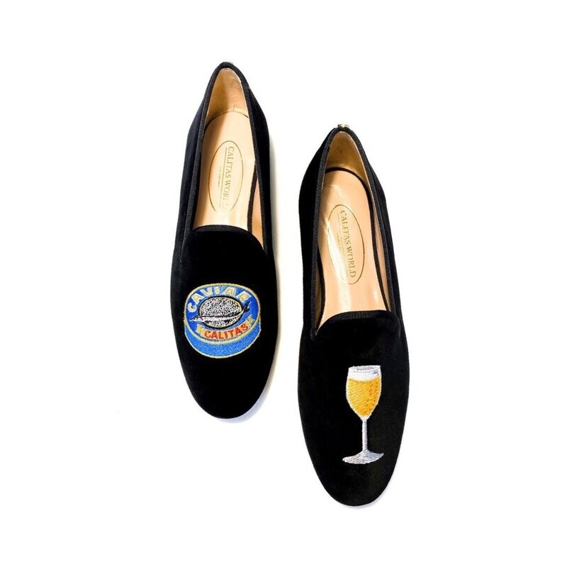 LOAFERS  TERCIOPELO NEGRO, CAVIAR Y COPA DE CHAMPAGNE