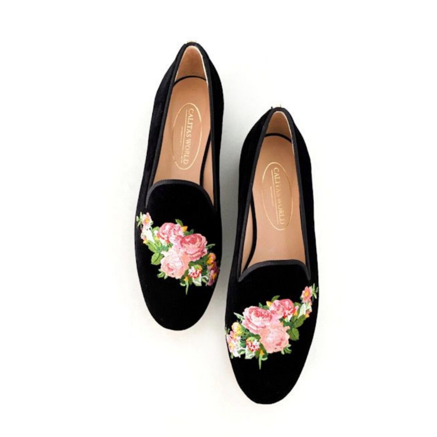LOAFERS TERCIOPELO NEGRO, PINK ROSES