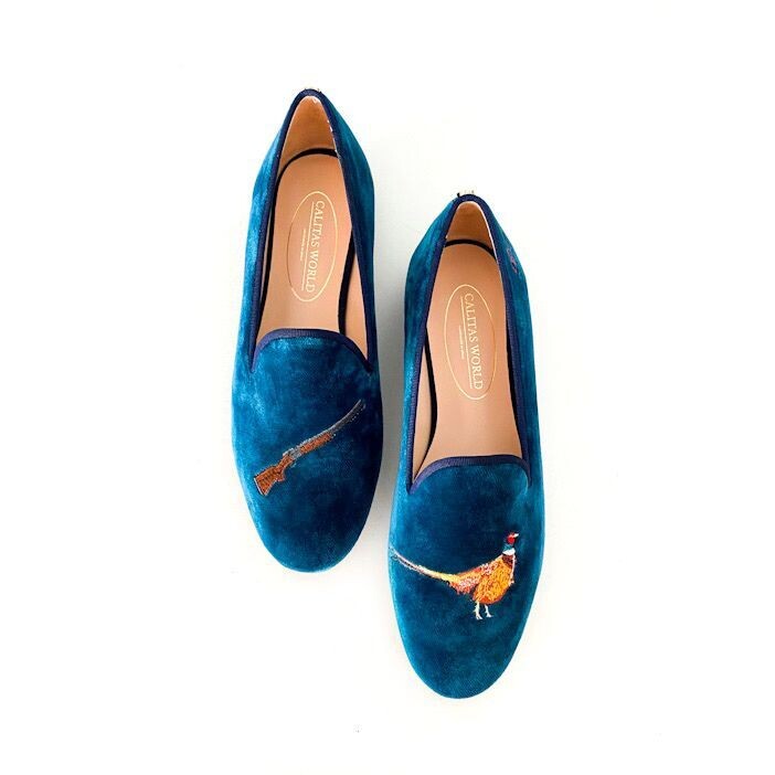 LOAFERS HOMBRE TERCIOPELO AZUL PETROLEO TX, HUNTING EDITION, SHOTGUN AND PHEASANT