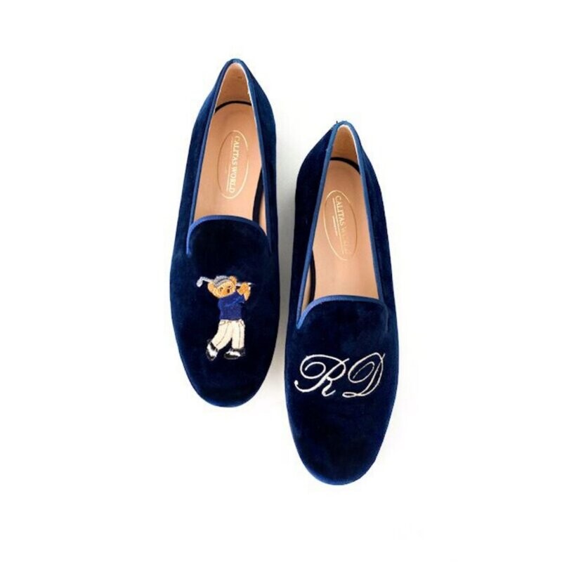 LOAFERS HOMBRE TERCIOPELO AZUL MARINO 9CO R22, GOLFER BEAR AND SILVER INITIALS