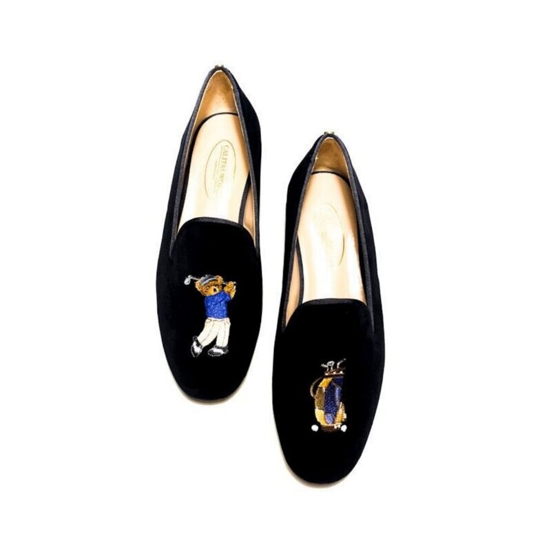 LOAFERS HOMBRE TERCIOPELO NEGRO, GOLFER BEAR