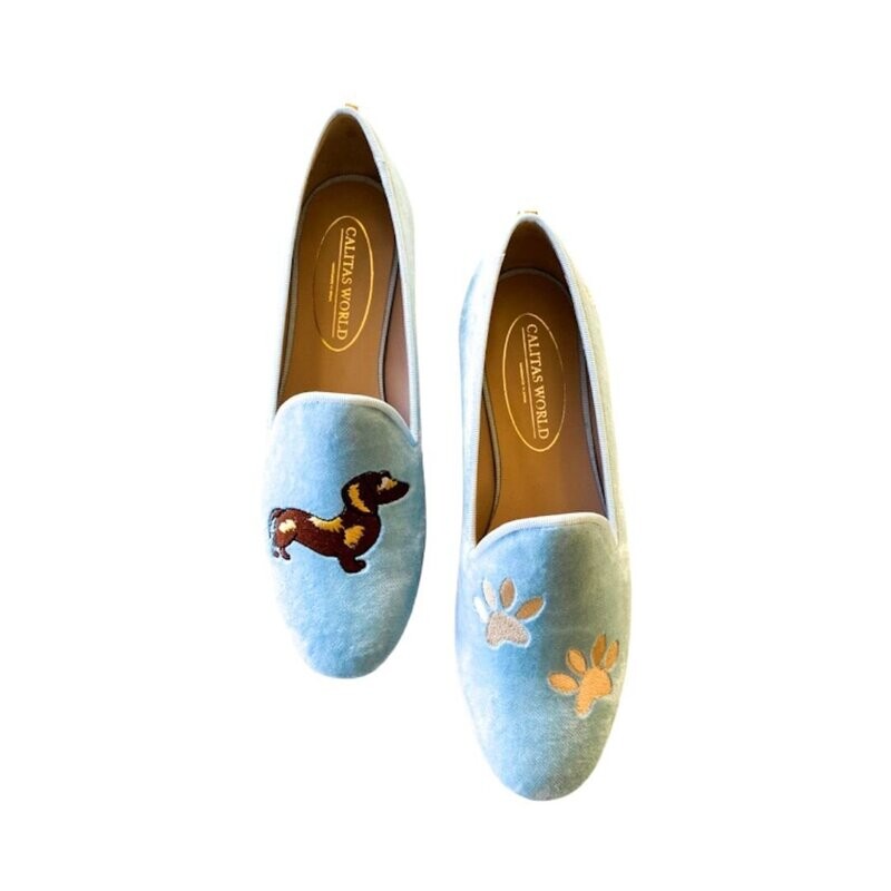 LOAFERS TERCIOPELO AZUL CELESTE TX, TECKEL Y HUELLAS