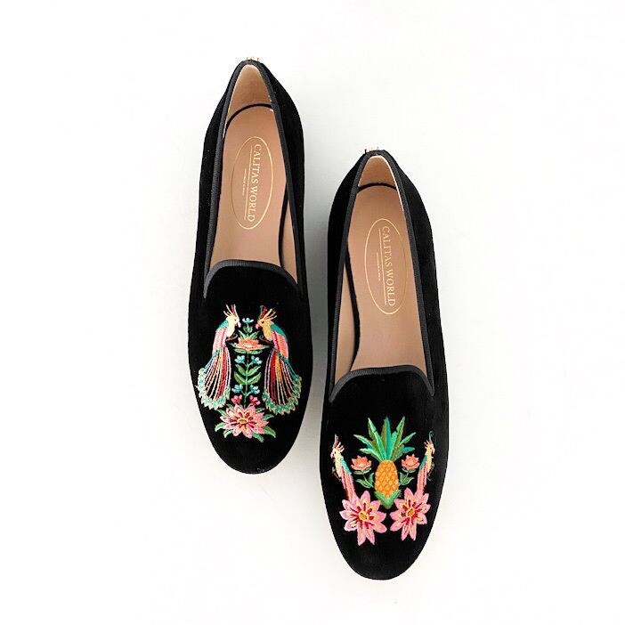 ​LOAFERS BLACK VELVET, TROPICAL BIRDS