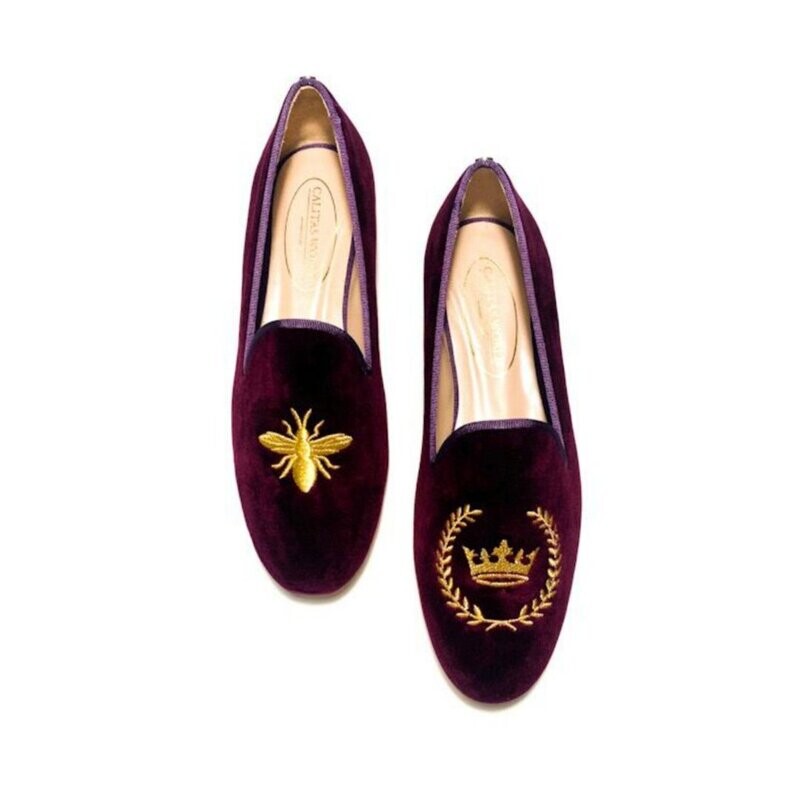 LOAFERS WINE TX VELVET R53, GOLD QUEEN BEE