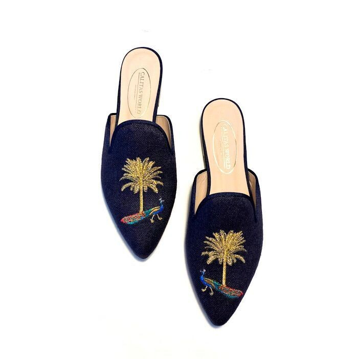 MULES LINO AZUL MARINO 9CO, GOLDEN PALM TREE AND PEACOCK