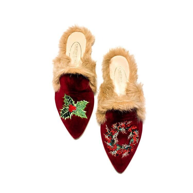 ​MULES FUR CHRISTMAS EDITION, BURGUNDY 10CO VELVET,HOLLY AND CHRISTMAS WREATH