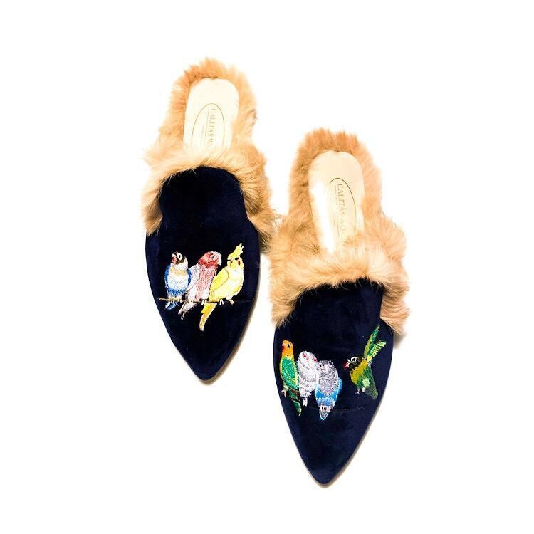 MULES PELO TERCIOPELO AZUL MARINO 9CO, PAJARITOS